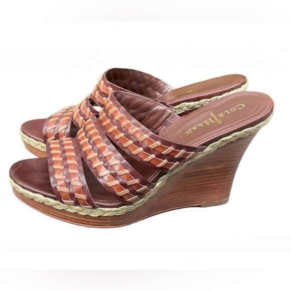 COLE HAAN stitch wedge brown heal leather espadrille slides shoes 7.5B - Picture 1 of 14